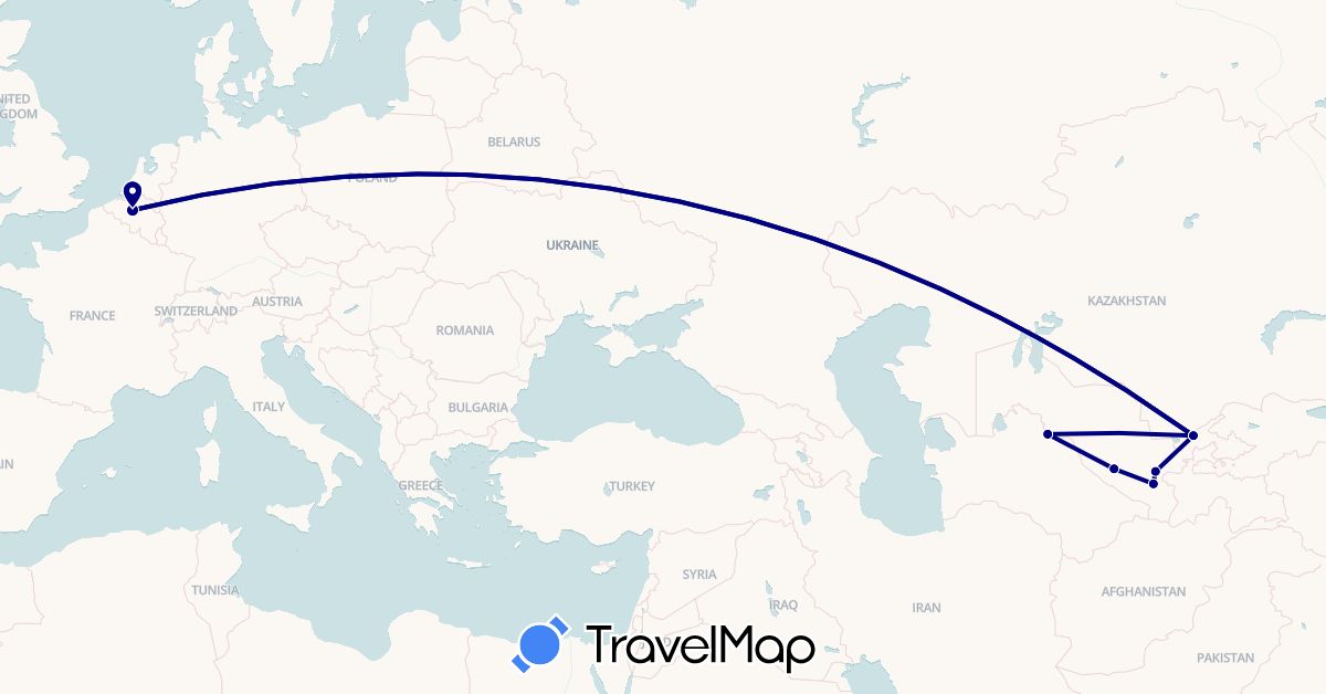 TravelMap itinerary: driving in Belgium, Uzbekistan (Asia, Europe)